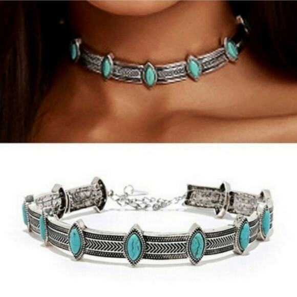 Boho Turquoise Marquise Silver Choker Necklace - Picture 2 of 8